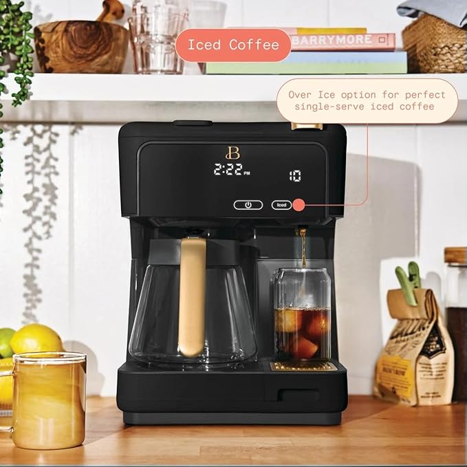 Multi-Brew Coffee Maker – 12-Cup Carafe &amp Single-Serve Pod or Grounds Iced Coffee Mode Programmable Touch Display Includes Filters (Black Sesame)