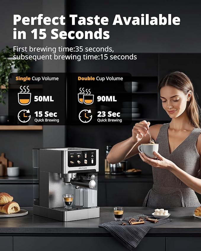 AIRMSEN 20 Bar Espresso Machine with Automatic Milk Frother Cappuccino &amp Latte Coffee Maker with Quick Brew Dual Boiler (1350W + 1000W) Stainless Steel 60oz Water Tank Touchscreen