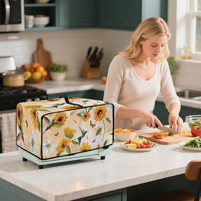 Mumeson Hummingbird Sunflower Toaster Oven Dust Cover Waterproof Dust Proof Bread Machine Cover with Accessory Pockets Small Kitchen Appliance