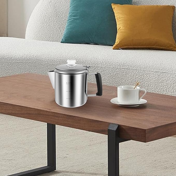 Stainless Steel Coffee Percolator 6 Cup Fast Brew Coffee Maker Percolator with Glass Knob Portable Outdoors Camping Coffee Pot for Gas Stove