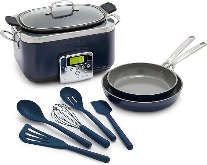 GreenPan GP5 Hard Anodized Healthy Ceramic Nonstick 9.5” and 11” Frying Pan Skillet Set 8-in-1 Programmable 6QT Electric Slow Cooker 5-Piece Cooking Utensil Set PFAS &amp PFOA-Free Blue