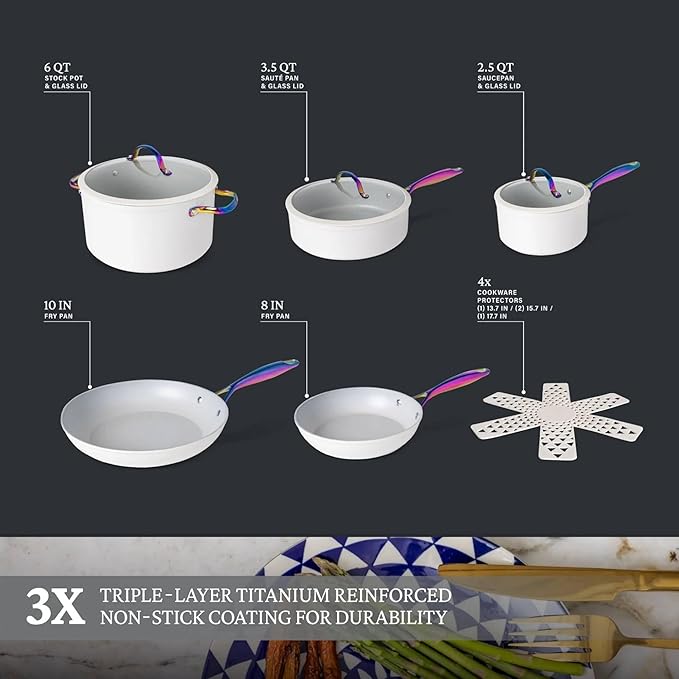 12-Piece Non-Stick Aluminum Cookware Set with Induction Base Oven Safe Black Finish (Cream &amp Rainbow)