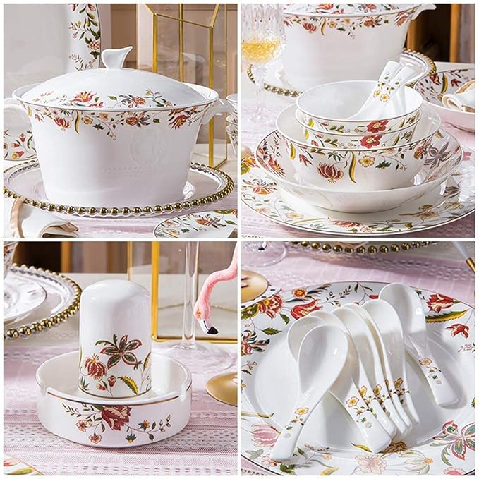 High-End Dinner SetCeramics Dinner Sets Cereals Bowl &amp Soup Pot &amp Plate | 56 Pieces Bone China Porcelain Dinnerware Set for Wedding Gifts and New Year