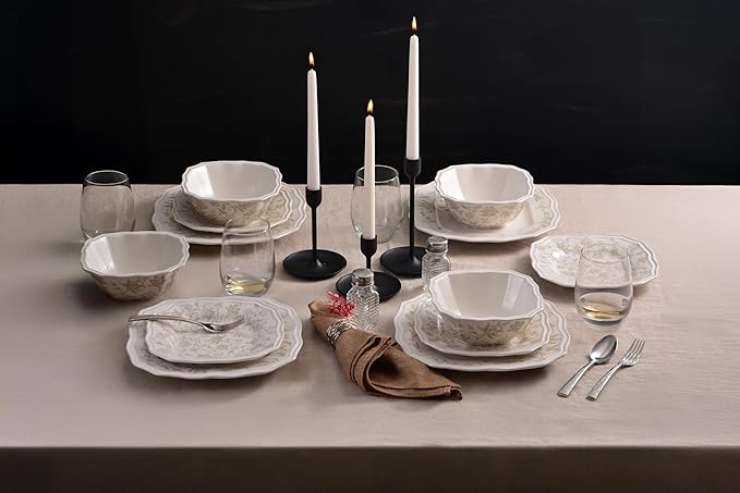 222 Fifth 12-Piece Porcelain Dinnerware Set for 4 Glossy Cream Plates and Bowls Set with Taupe Flowers Elegant Square Ceramic Dish Set Kitchen Tableware Microwave &amp Dishwasher Safe Batik Toil