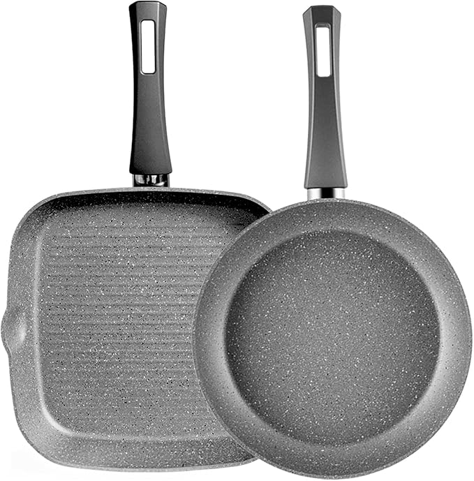 KARACA Gris Biogranite 2-Piece Induction Cookware Set 26cm Frying Pan 28cm Non-Stick Grill PFOA Free Anti-Scratch Biogranite &amp Dishwasher Safe Pan Grey