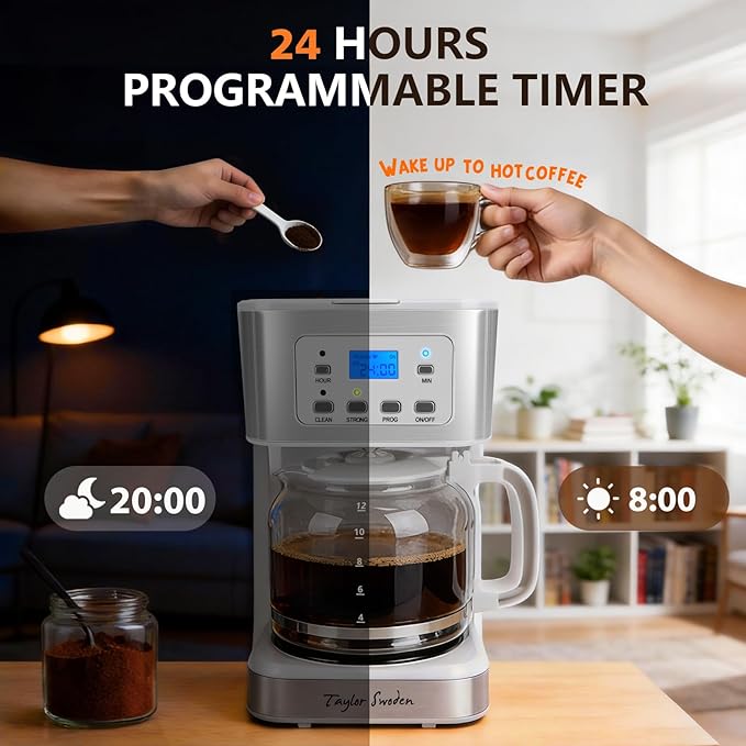 Taylor Swoden 12-Cup Programmable Coffee Maker Regular &amp Strong Brew Drip Coffee Machine for Home and Office Glass Carafe Pause &amp Serve Auto Shut Off White &amp Stainless Steel