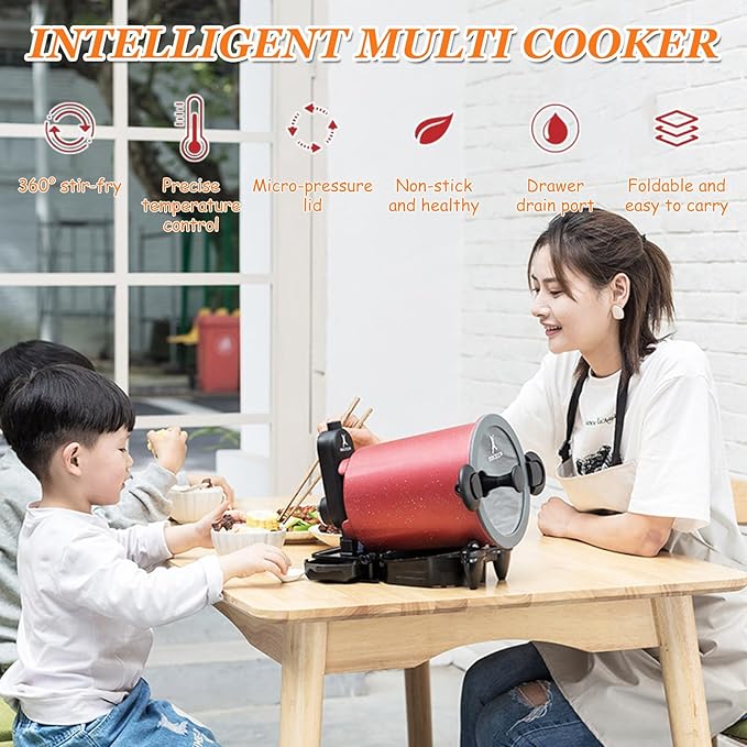 Automatic Cooking Machine 1-2L Auto Stir Fry Wok Fried Rice Cooking Machine with 360° Rotating 3D All-round Heating for Stir Frying Stewing Cooking