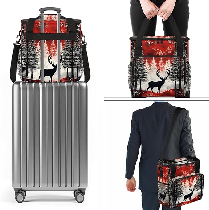 Christmas Misty Forest Coffee Maker Carrying Bag Winter Reindeer Travel Storage Bag Compatible with K-Mini or K-Mini Plus Single Serve Coffee Brewer Carrying Case with Pockets &amp Shoulder Strap