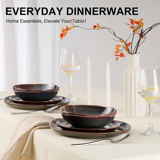 Vesteel Dinnerware Set for 4 12 Pieces Premium Stoneware Plates and Bowls Set Handmade Reactive Glaze Dishes for Home Chip &amp Scratch Resistant Microwave and Dishwasher Safe - Forest Green