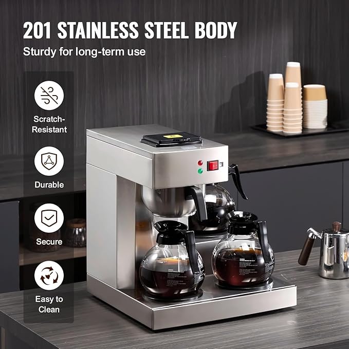 12 Cup Drip Coffee Maker with 3 Carafes &amp Warmers - Commercial Coffee Brewer for Office Restaurant Home - Stainless Steel