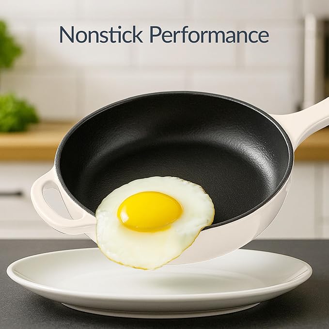 Best Choice Products Non-Stick Pot &amp Pan Cookware Set Cast Iron 2Qt Skillet W/Lid 10 Grill Or Griddle Pan W/Press 6Qt Enameled Dutch Oven Non-toxic For Cooking &amp Grilling - Vanilla
