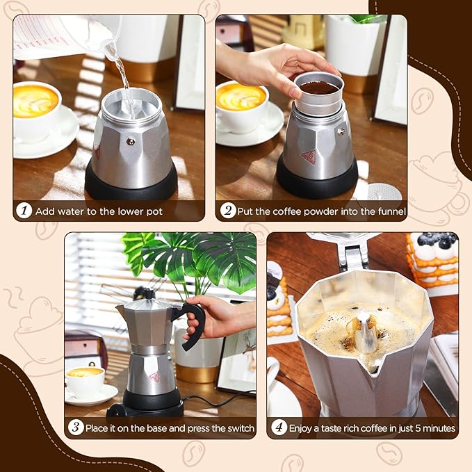 Coffee Pot 6 Cup Electric Espresso Coffee Maker Italian Moka Maker 300ml Portable Aluminum Espresso Machine Cafetera Moka Pot with Detachable Base Gift for Home Travel (Silver)
