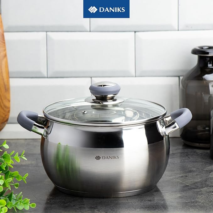 Daniks Modern 3 Quart Stainless Steel Stock Pot with Glass Lid Tri-Ply Bottom for Even Heating Induction Compatible Dishwasher Safe Heatproof Handles