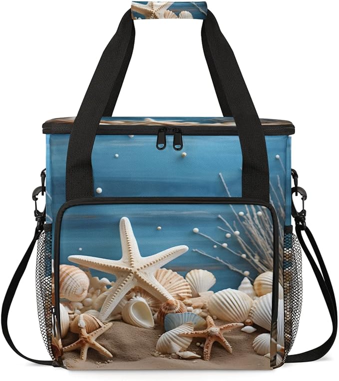 Beach Seashell Starfish Coffee Maker Travel Bag for Keurig K-Mini/K-Mini Plus Insulated Waterproof Tote with Pockets for K-Cup Portable Single-Serve Brewer Case