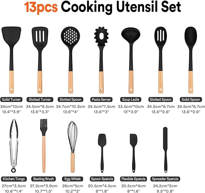 Kitchen Utensils Set 13PCS Silicone Cooking Utensils Heat Resistant Kitchen Utensil Spatula Set for Nonstick Cookware Wooden Handles Kitchen Gadgets Tools Set