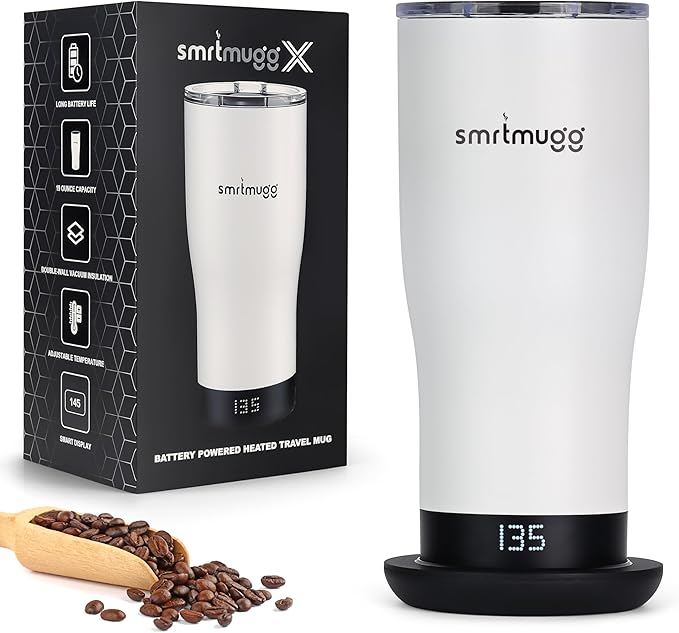 X Heated Coffee Mug 19 oz. 8 Hour Battery Life Self-Heating Adjustable Temp Controlled LCD Screen Includes Cover with Magnetic Slider (Black) (White)