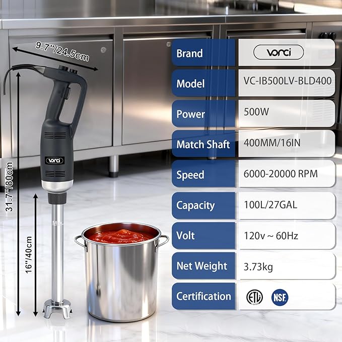 VONCI 500W Commercial Immersion Blender 16 SUS 304 Removable Shaft Heavy Duty Power Hand Mixer with Variable Speed 6000-20000RPM Professional Electric Stick Blender for Restaurant Kitchen Use.