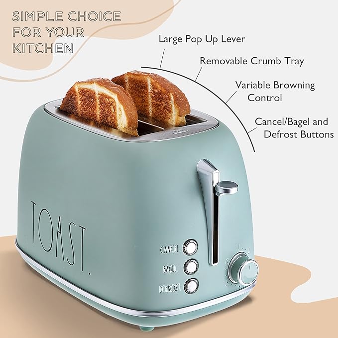 Rae Dunn Retro Rounded Bread Toaster 2 Slice Stainless Steel Toaster with Removable Crumb Tray Wide Slot with 6 Browning Levels Bagel Defrost and Cancel Options Green