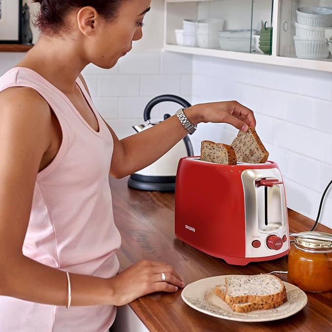 Aiwa Toaster 2 Slice Wide Slot Reheat and Defrost Function 6 Browning Settings Drop Down Crumb Tray Red