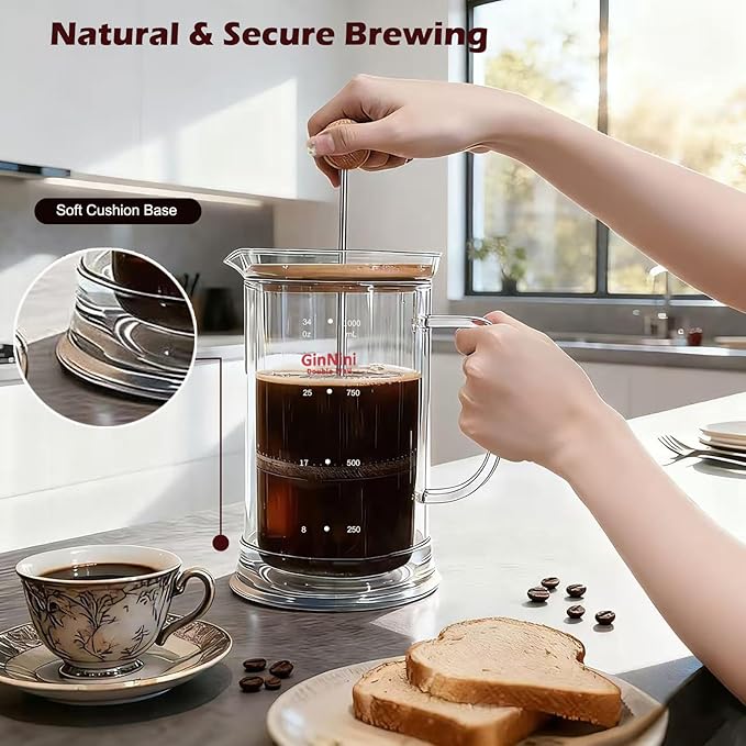 34-Ounce plastic free French Press Coffee Maker Double Wall Glass coffee press Stainless Steel Filter and Shaft Bamboo Knob and Lid Heat-Resistant tea french press no plastic large tea maker