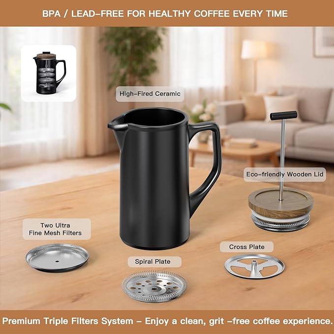 DHPO Ceramic French Press Coffee Maker 22oz Single Serve Coffee Press with Walnut Wood Lid Lead-Free Food Grade Stainless Steel Filter with Dual Screen for Coffee and Loose Tea Black