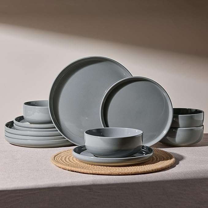 Famiware Milkyway Plates and Bowls Set 12 Pieces Dinnerware Sets Dishes Set for 4 Dark Gray
