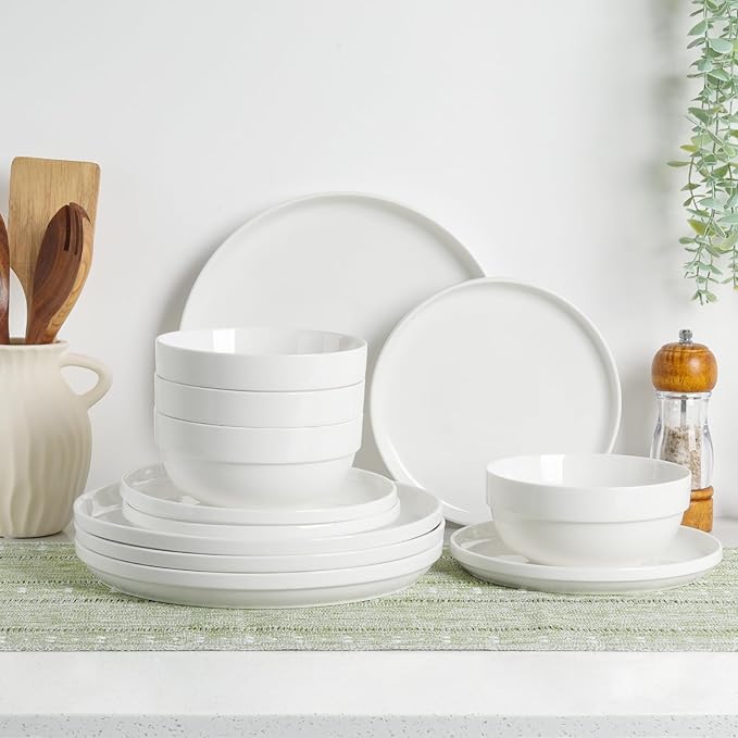 HAPPY KIT 12 Pieces Porcelain Dinnerware Set Serving Plates and Bowls Set for 4 Chip and Scratch Resistant White Kitchen Dishware Sets Thick-edge Non-slip Design