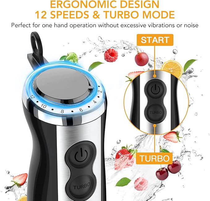 Immersion Blender 5 in 1 Hand Blender 800W Hand Mixer Stick 12 Speed &amp Turbo Mode Hand Mixer with 600ml Mixing Beaker 500ml Chopper Milk Frother Attachments for Soup Smoothies Sauce BPA Free