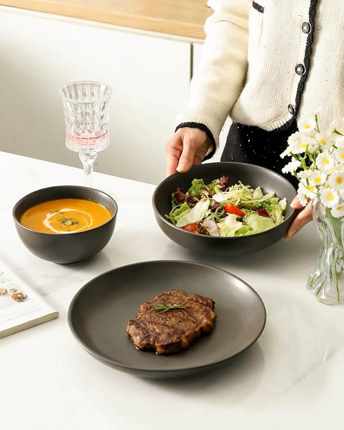 Plates and Bowls Sets 12-Pieces Stoneware Dinnerware Set Ceramic Matte Black Dishes Set for 4 Scratch Resistant Microwave and Dishwasher Safe Tableware Porcelain