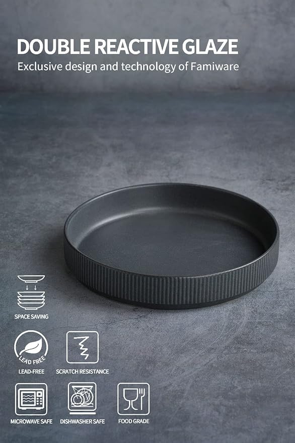 famiware 8.25 Paste Bowl Set (4 Piece) and 10 Dinner Plates for 6 - Matte Dark Charcoal