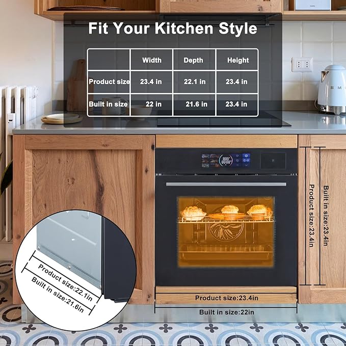 24 Built-In Electric Wall Oven with Steam Grill &amp Air Fry 3000W Convection Oven 2.5 Cu.Ft Stainless Steel Interior Color Touchscreen Control 240V