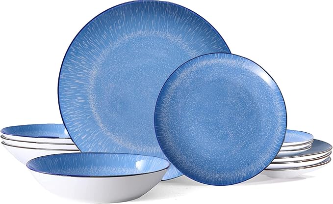 Bestone 12-Piece Round Porcelain Dinnerware Set Service for 4 Chip Resistant Plates and BowlsBlue Dishwasher &amp Microwave Safe for Home Daily Use