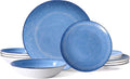 Bestone 12-Piece Round Porcelain Dinnerware Set Service for 4 Chip Resistant Plates and BowlsBlue Dishwasher &amp Microwave Safe for Home Daily Use