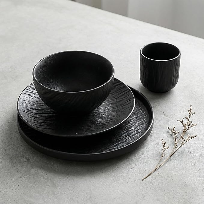 Wabi Sabi Stone Texture Ceramic Dinnerware Set 16-Piece Matte Bowl &amp Plate Set - 10” &amp 8” Plates Bowl Cups - Minimalist Stoneware for Modern Dining (Black/White) (black)