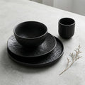 Wabi Sabi Stone Texture Ceramic Dinnerware Set 16-Piece Matte Bowl &amp Plate Set - 10” &amp 8” Plates Bowl Cups - Minimalist Stoneware for Modern Dining (Black/White) (black)