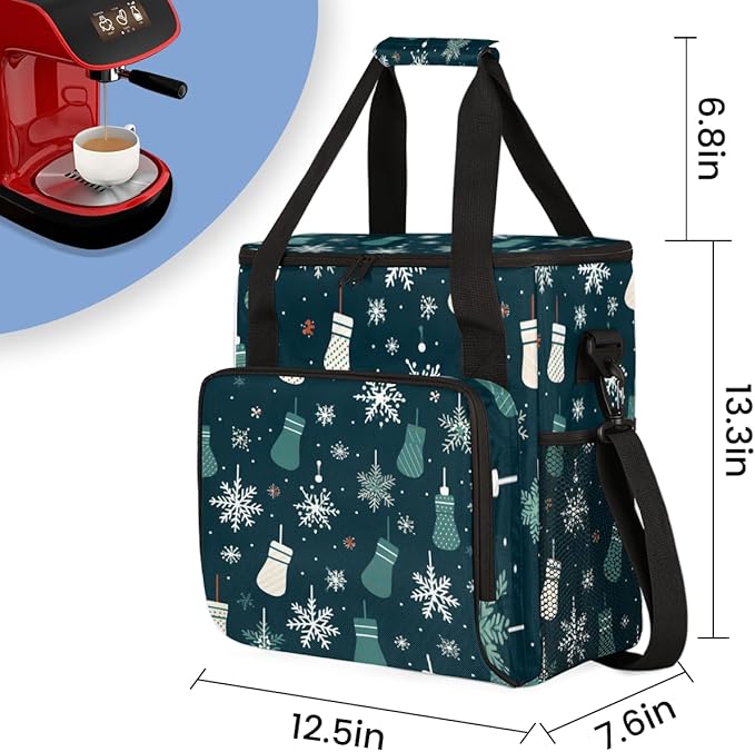 Xmas Stocking Coffee Maker Carrying Bag Snowflake Travel Storage Bag Compatible with K-Mini or K-Mini Plus Single Serve Coffee Brewer Carrying Case with Multiple Pockets &amp Shoulder Strap