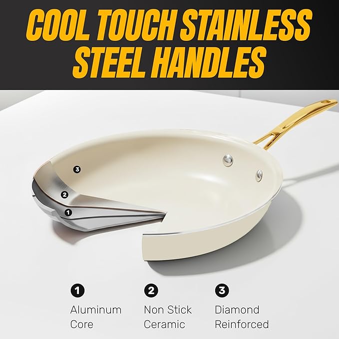 Gotham Steel 15 Pc Ceramic Cookware Set Ceramic Pots and Pans Set Non Stick with Cooking Utensils and Steamer Non Toxic PFOA PFOS Free Premium Gold Stay Cool Handles Oven &amp Dishwasher Safe