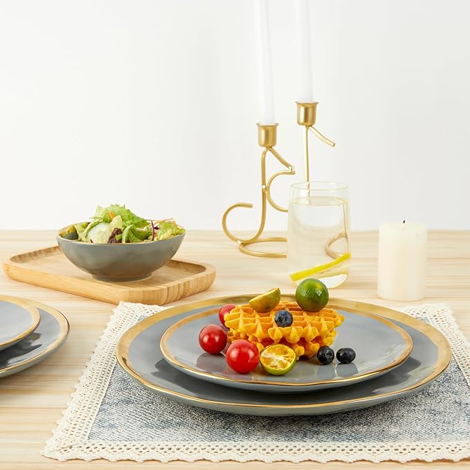 Porcelain Luxury Dinnerware Sets Modern Plates and Bowls Sets for 4 Highly Chip and Crack Resistant Grey and Gold Rim China Dishes Set for Wedding Anniversary