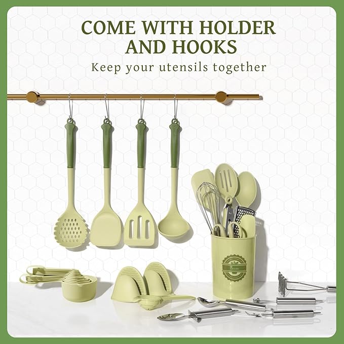 Kikcoin 43Pcs Kitchen Utensils Set - Silicone Cooking Utensil Set Dishwasher Safe Spatula for Non-stick Cookware 446°F Heat Resistant Kitchen Gadgets with Holder BPA Free Avocado Green