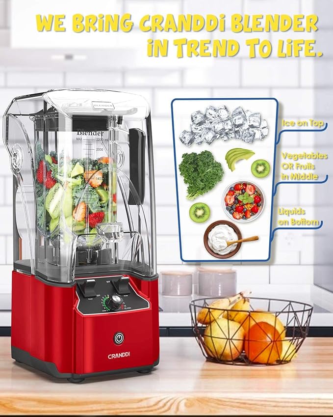 CRANDDI Quiet Commercial Blender with Soundproof Shield 2200 Watt Professional Blenders for Kitchen with 80oz Pitcher and Self-Cleaning High-Speed Blenders K90 Red