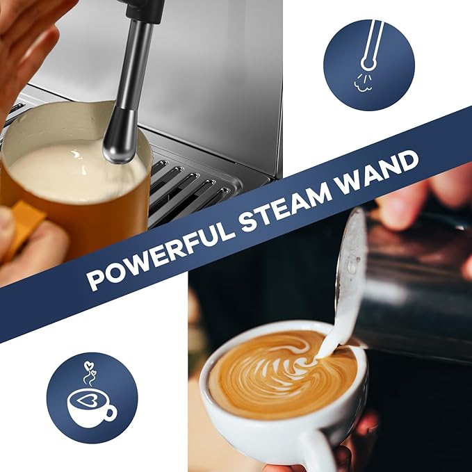 IDEALHOUSE Espresso Maker with GrinderMilk Frother 15 Bar Pump 15 Grind Settings Digital Display High Power Milk Frother Digital LCD Screen Stainless Steel Coffee Maker for Home and Office