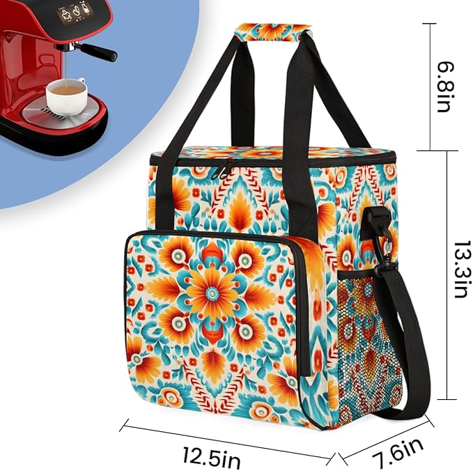 Retro Flower Coffee Maker Carrying Bag Botanic Floral Travel Storage Bag Compatible with K-Mini or K-Mini Plus Single Serve Coffee Brewer Carrying Case with Multiple Pockets &amp Shoulder Strap