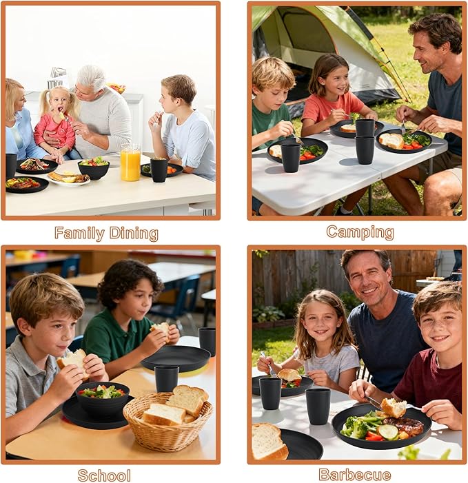 Wheat Straw Dinnerware Sets Unbreakable Kids Plates and Bowls Sets 20-Piece Service for 4 Alternative Plastic Outdoor Camping Dishes Microwave &amp Dishwasher Safe - Black