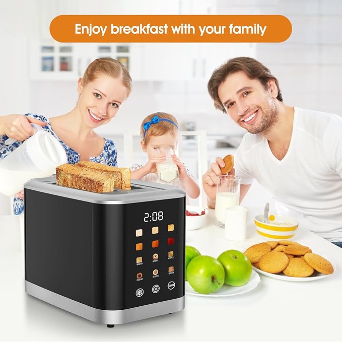 Touch screen Toaster 2 Slice Digital Timer Toasters with 6 Bread Types &amp 6 Shade Settings Smart Extra Wide Slots Toaster with Bagel Defrost Reheat Cancel Function