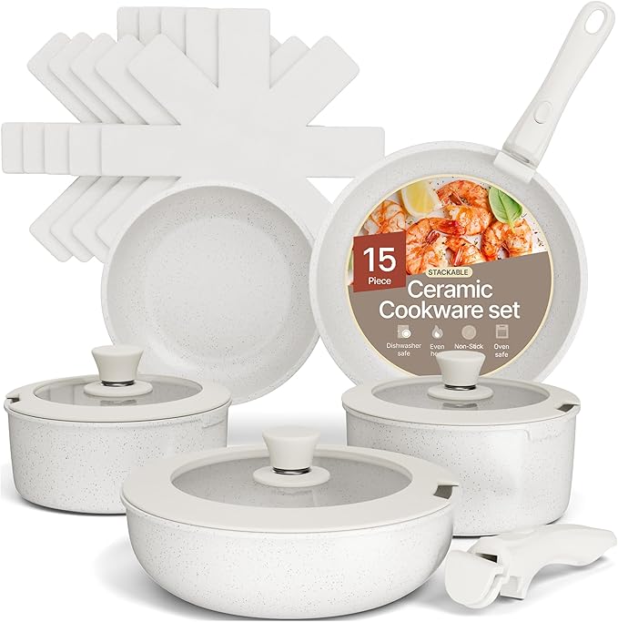 Bakken 15-Piece Non-Stick Cookware Set with Detachable Handles – Granite Stackable Pots and Pans Set Dishwasher Safe Oven-Safe and Compatible Kitchen Essential for All Stoves – Cream