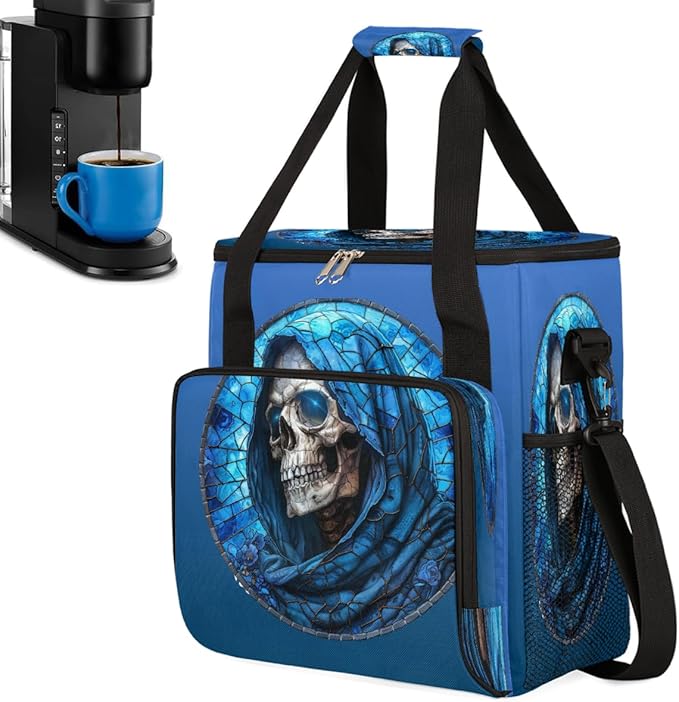 Halloween Skull Blue Coffee Maker Carring Bag Travel Carrying Storage Tote Bag Compatible with Keurig K-Mini or K-Mini Plus Portable Single Serve Coffee Brewer Case with Pockets for K-cup Pods