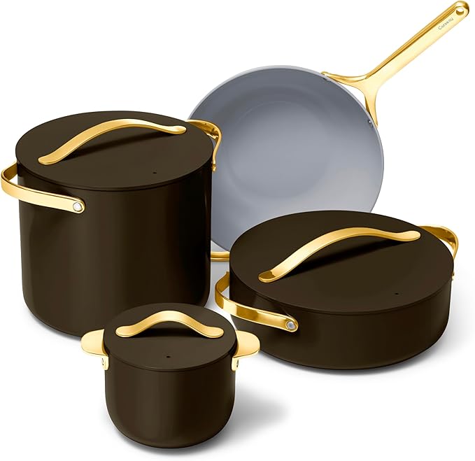 Caraway Cookware+ Collection - Specialty Cookware Set - Petite Cooker Stir Fry Pan Rondeau &amp Stock Pot - 3 Lids &amp Storage Organizer Included - Black