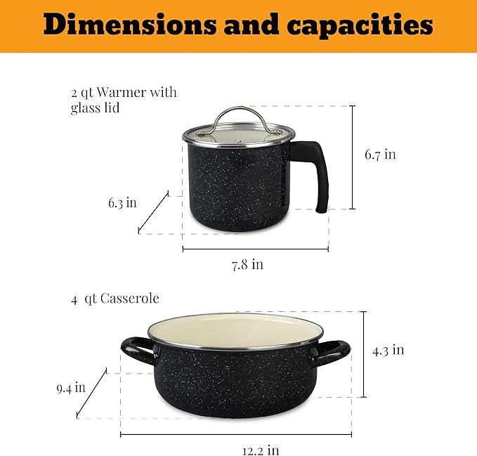 Granite Ware 5-Piece Bicolour Cookware Set Enameled Steel with Glass Lid Speckled Black &amp Cream Oven Safe to 935°F