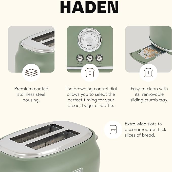 Haden Dorset 2 Slice Wide Slot Stainless Steel Toaster with Adjustable Browning Control &amp Non Slip Feet Cedar Green &amp Chrome