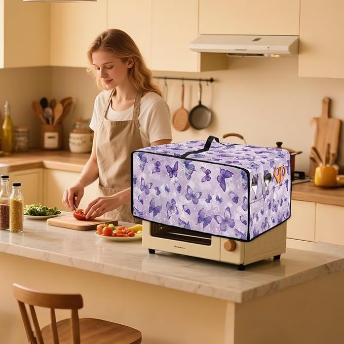 Butterfly Print Toaster Oven Cover Wide Slot Stain Resistant Bread Machine Cover with Side Pockets for Kitchen Counter Decorative 20.5 x 16.5 x 10 Purple